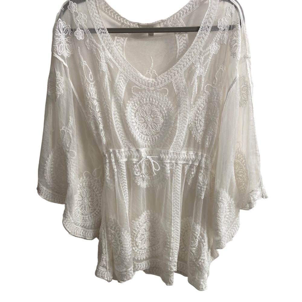 Adiva White Mesh Embroidered Tunic Top Sheer Boho Kimono Sleeve Cotton Blend L‎